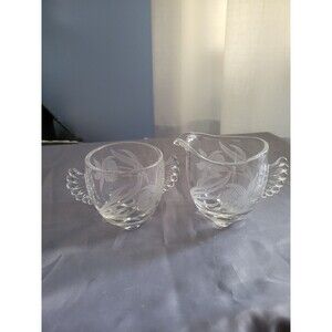 Vintage Etched Clear Glass with Wing handles Sugar and Creamer Set footed